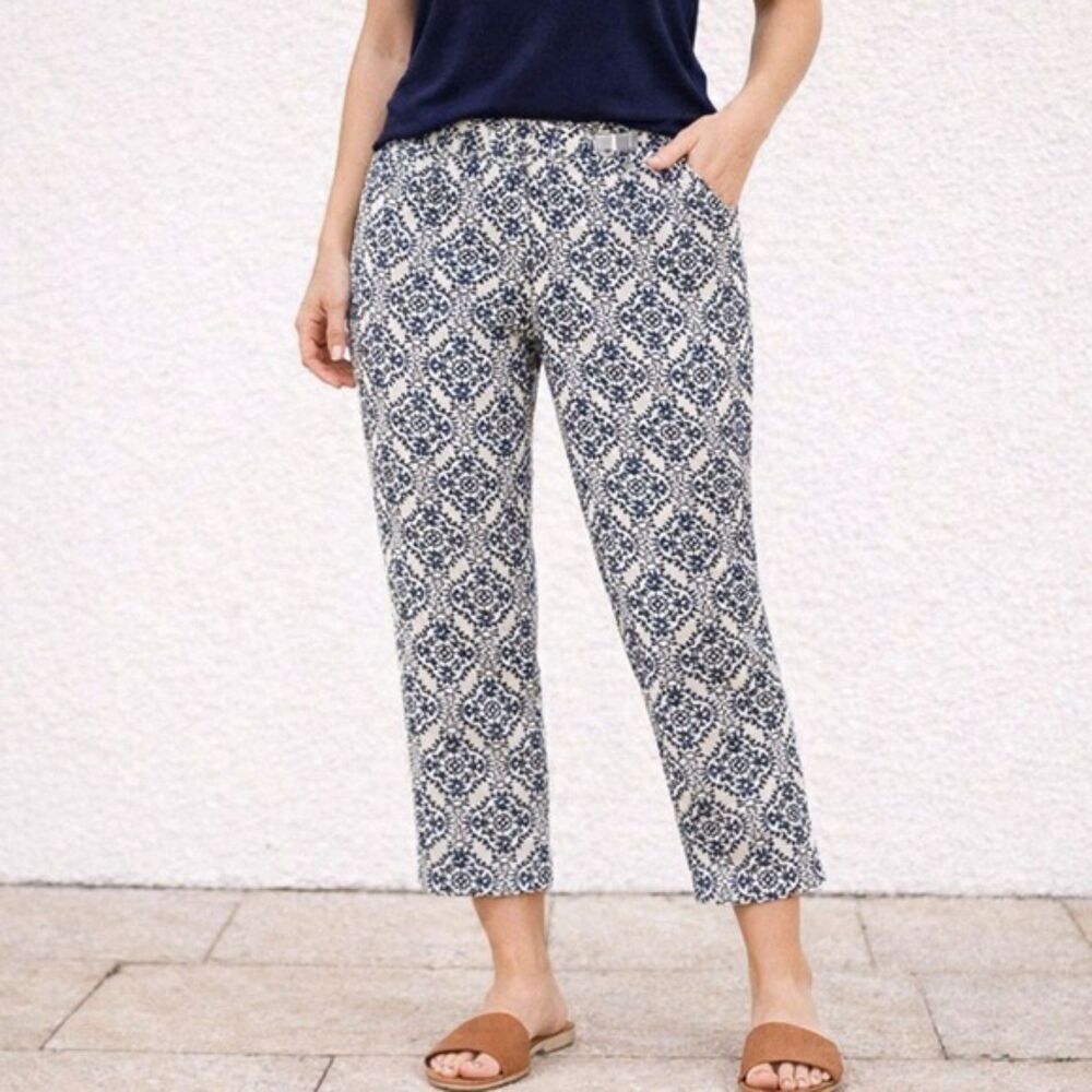 NWT LOFT The Riviera Pant Julie Fit Navy & Natural Tan Medallion Print Size 4